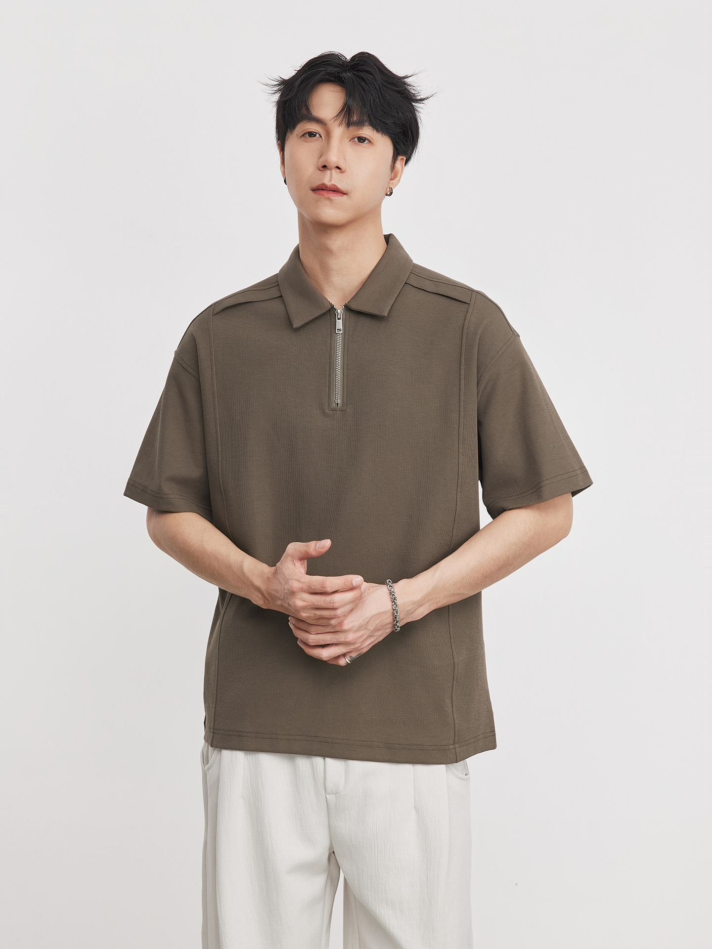 男夏棉混紡半拉鏈短袖T