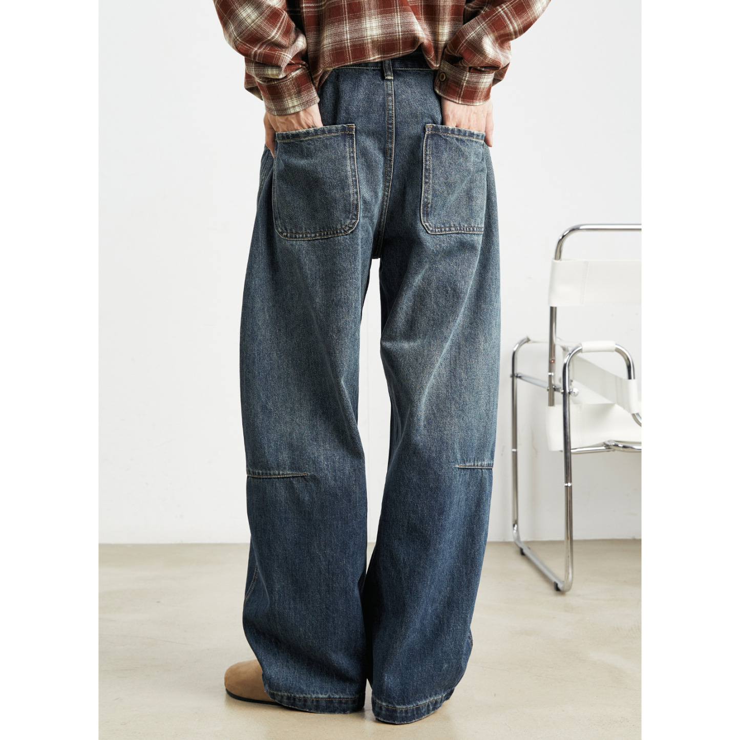 男士春秋美式復古寬鬆垂感闊腿牛仔褲