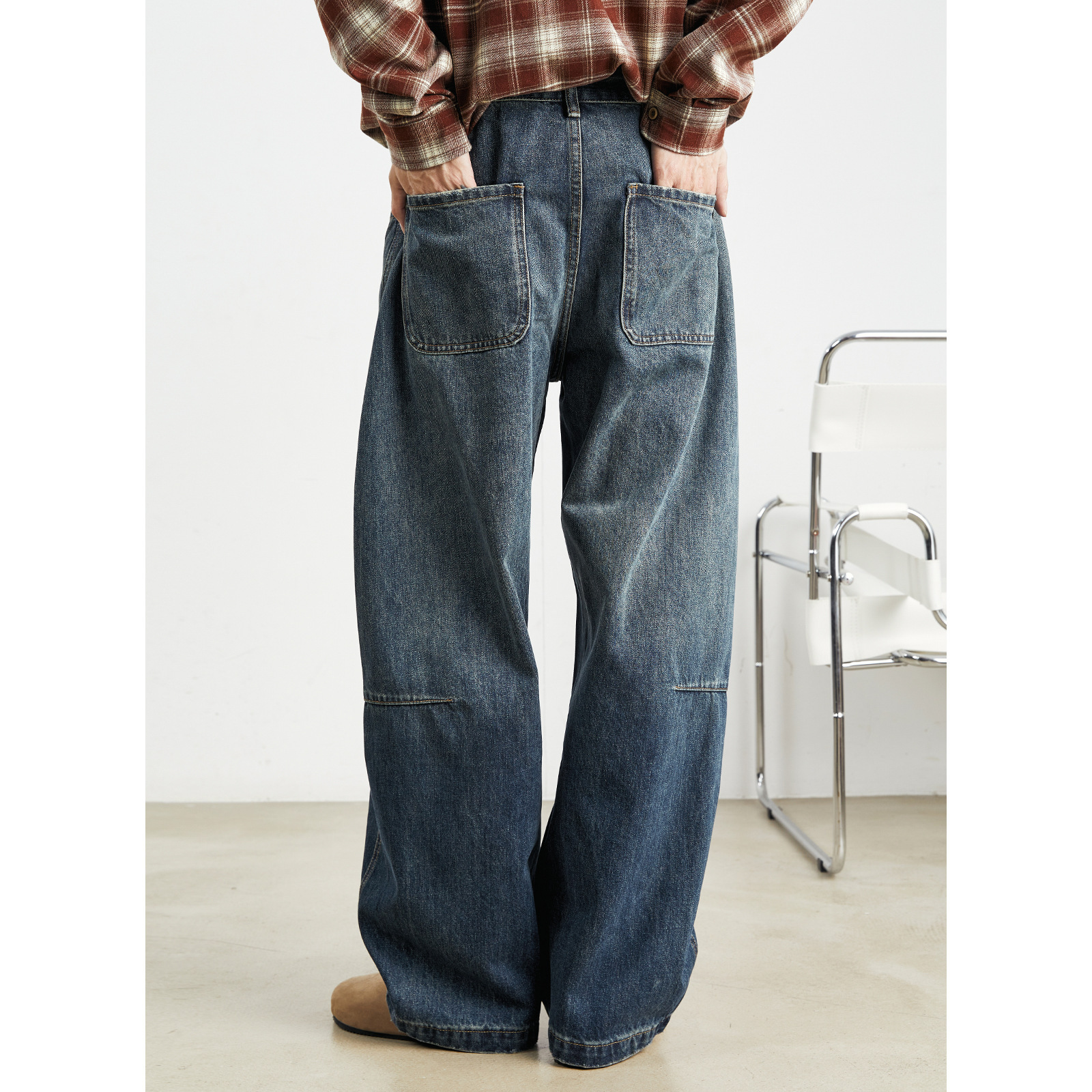 男士春秋美式復古寬鬆垂感闊腿牛仔褲