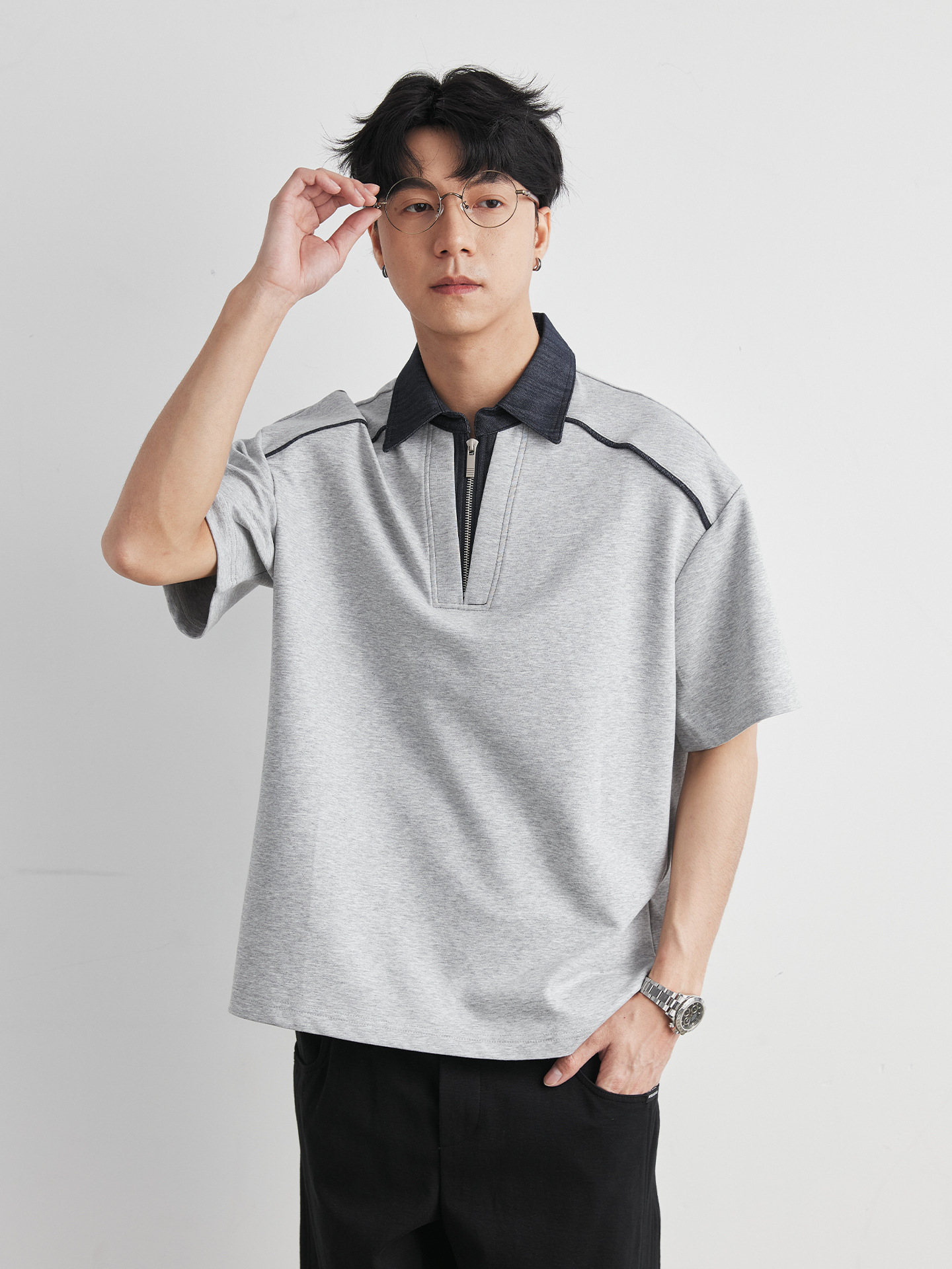 男夏撞色牛仔翻領假兩件POLO衫