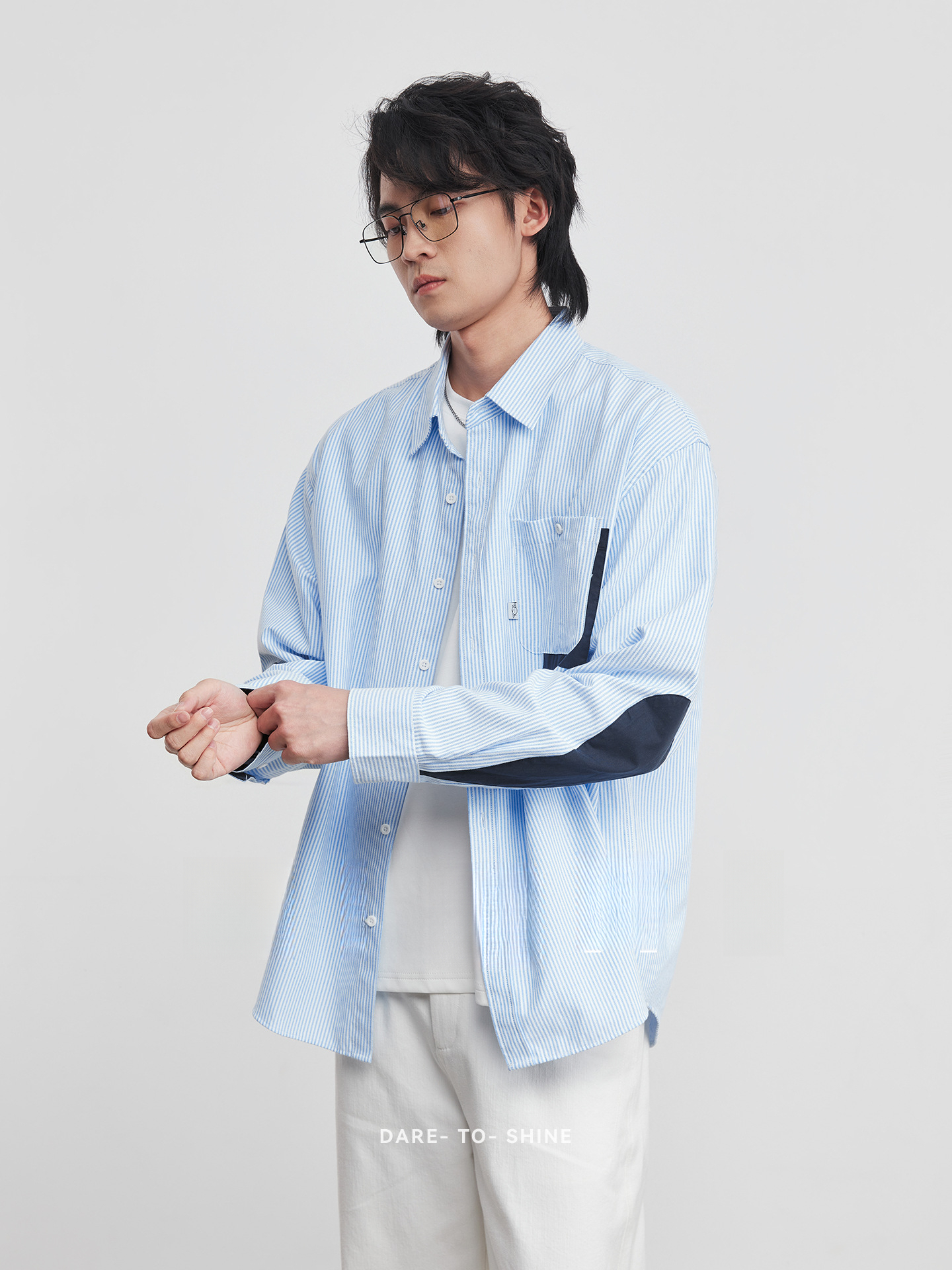 拼接撞色口袋牛津紡條紋長袖T恤