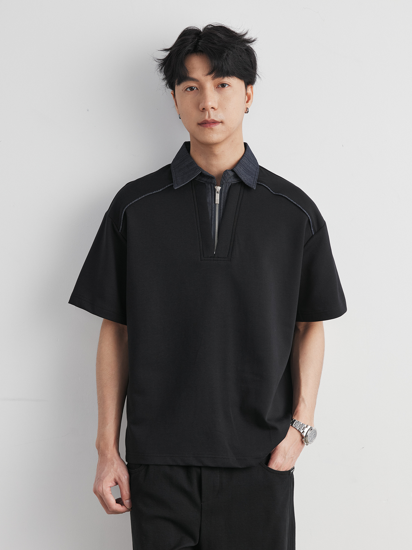 男夏撞色牛仔翻領假兩件POLO衫