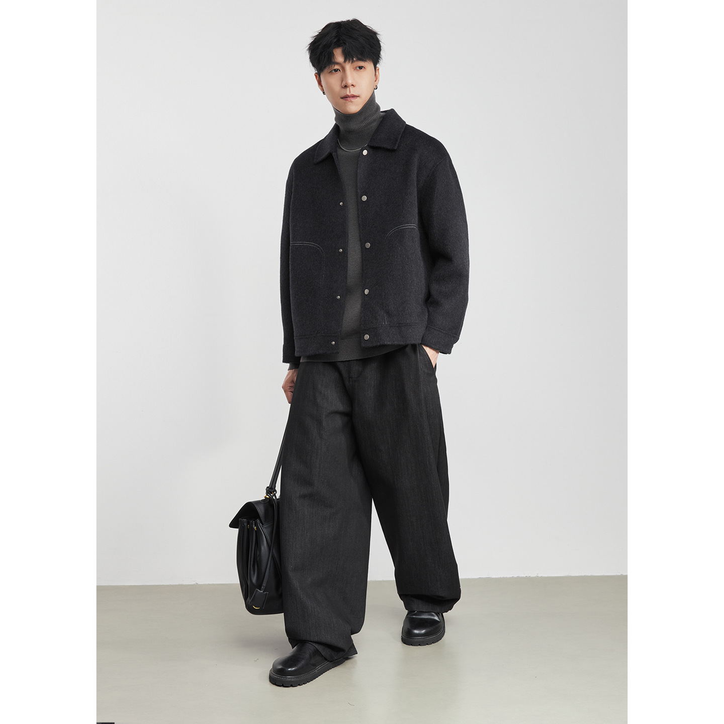 男士冬季明線翻領毛呢夾克外套