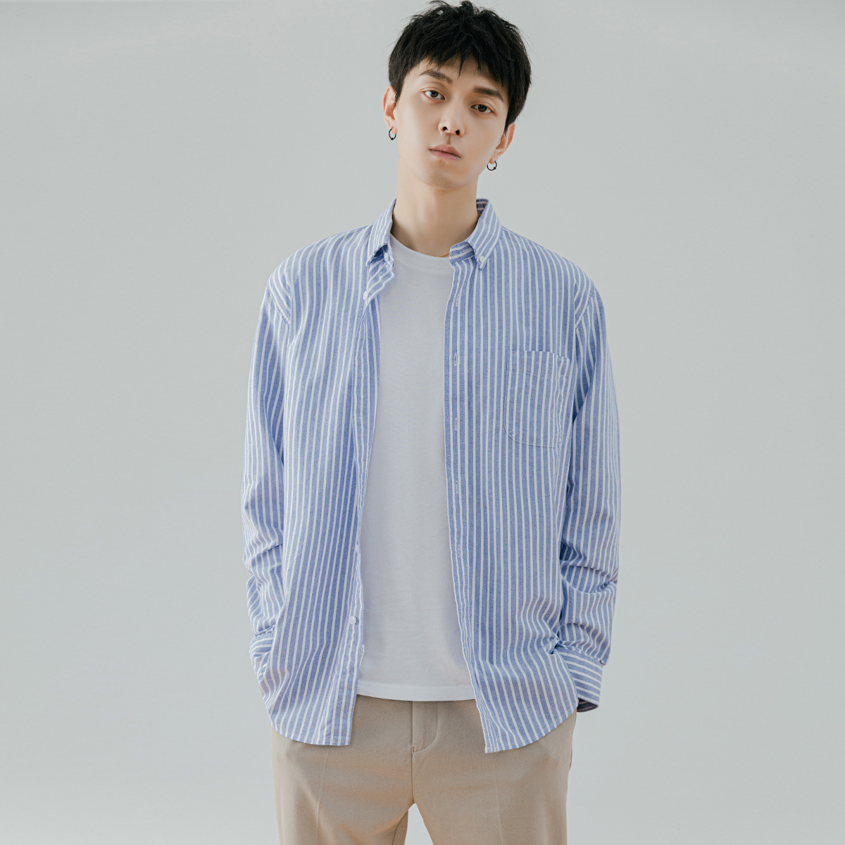 男春秋韓版豎條紋長袖襯衫