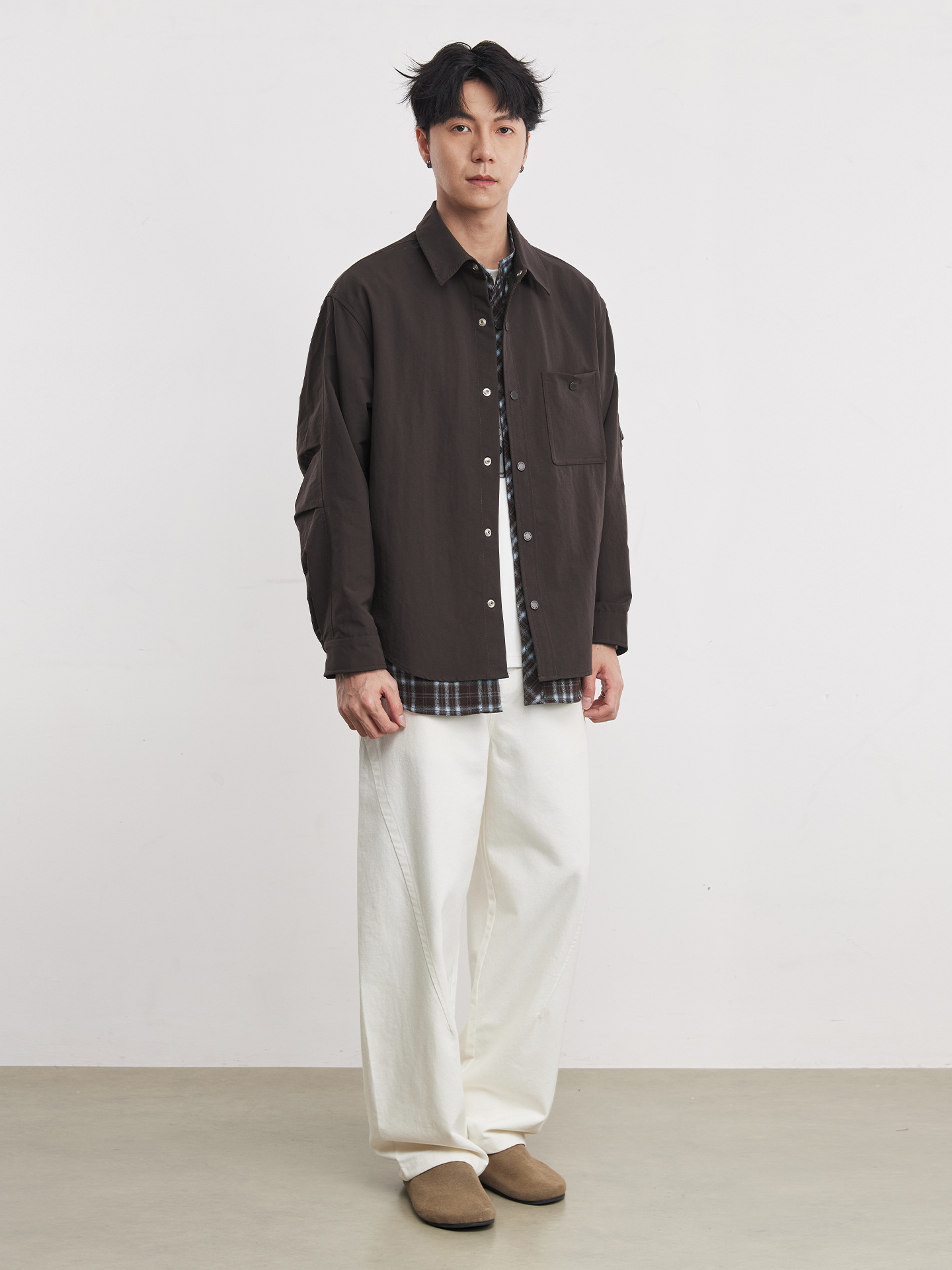 春秋鹿皮絨撞燈芯領復古啞光假兩件襯衫夾克