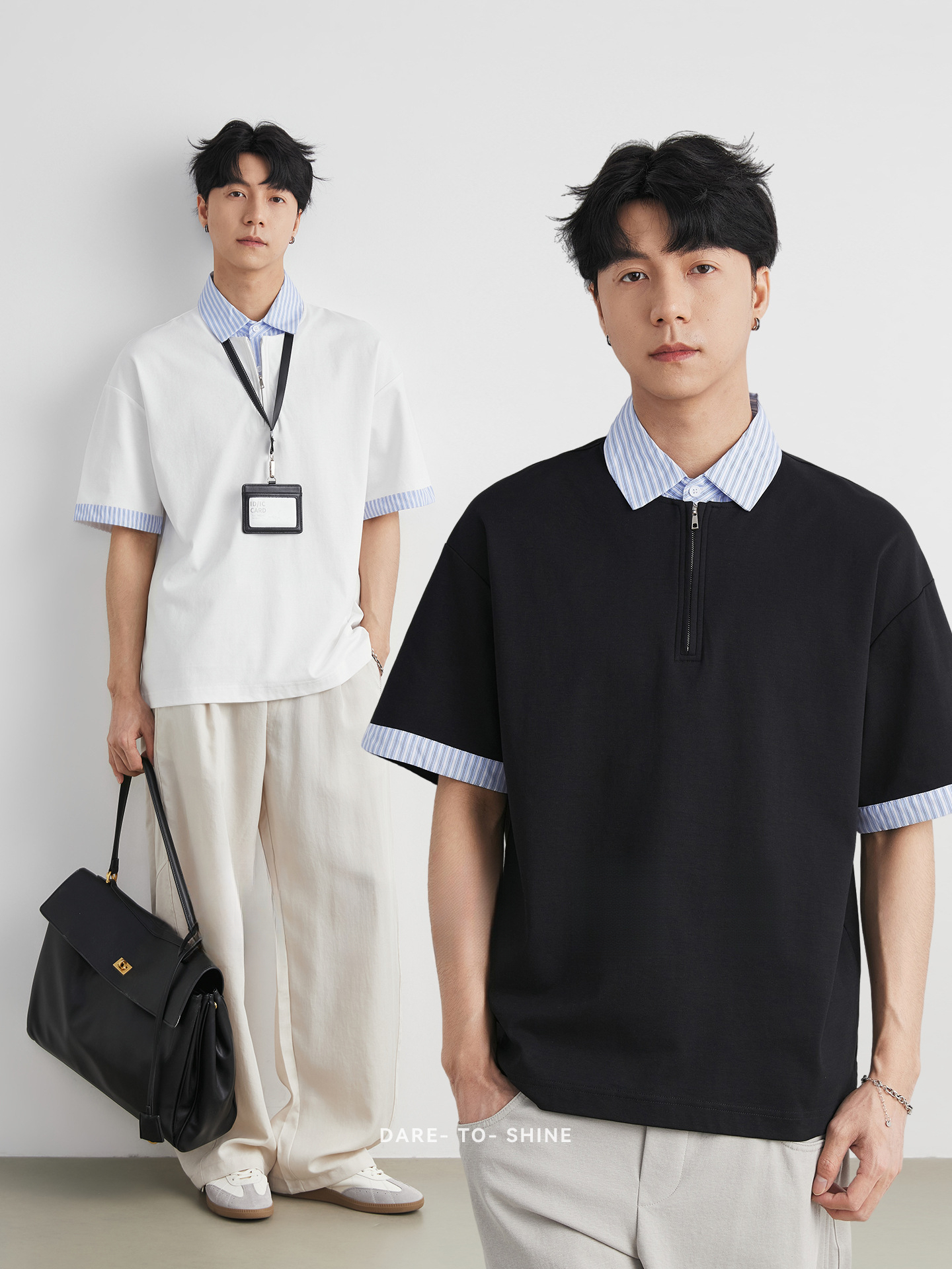 男夏半拉鏈條紋拼接POLO衫