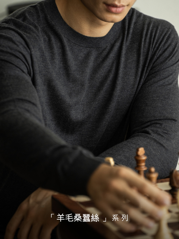 羊毛桑蠶絲16針純色春季長袖T恤