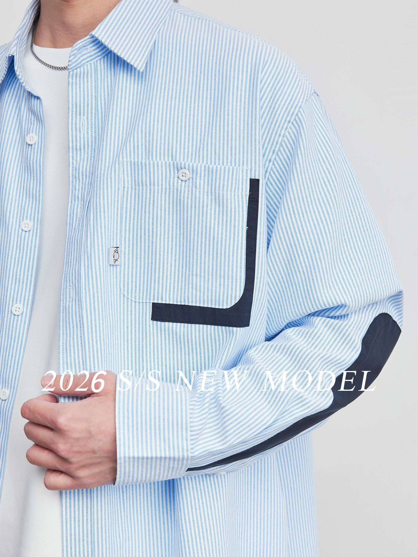 拼接撞色口袋牛津紡條紋長袖T恤