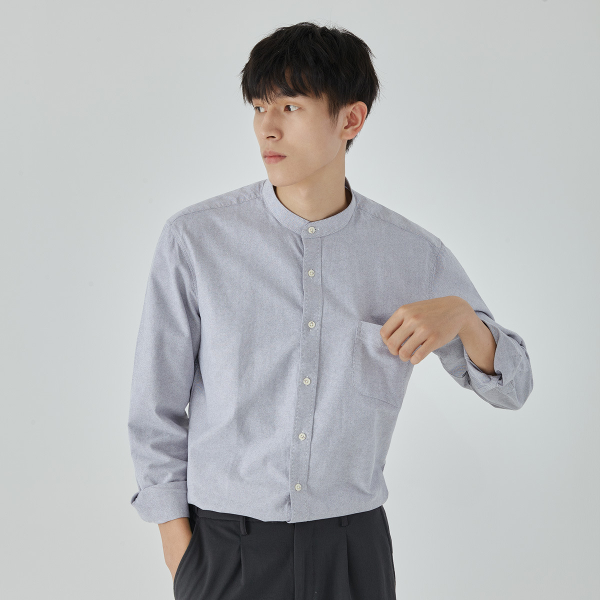 男士春秋小立領長袖襯衫
