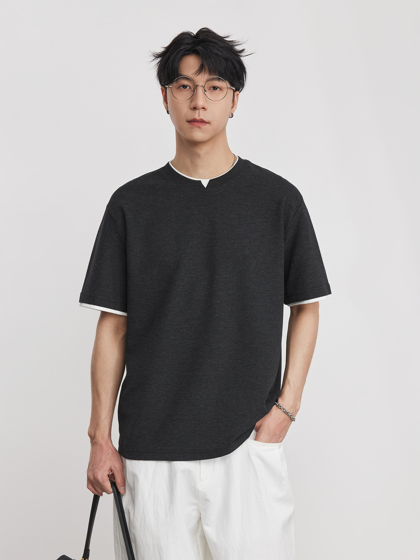 假兩件拼接撞色微闊圓領短袖T恤