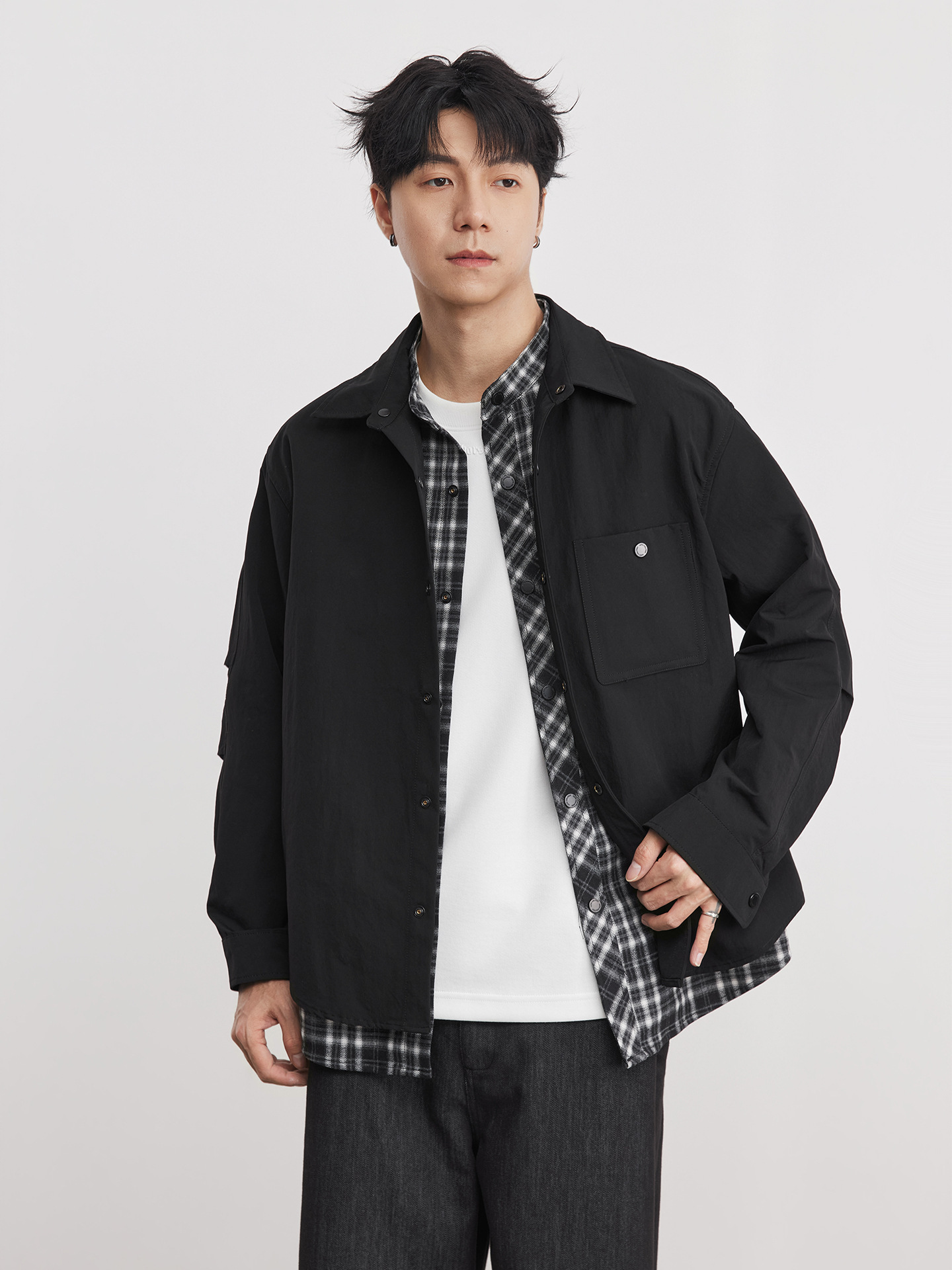 春秋鹿皮絨撞燈芯領復古啞光假兩件襯衫夾克