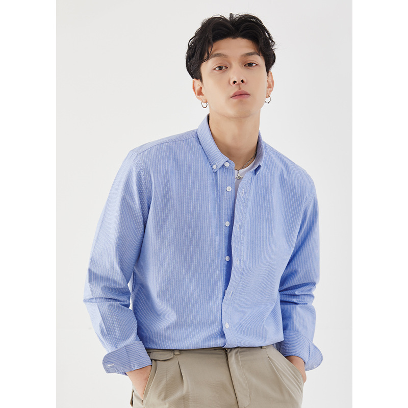 男裝條紋牛津紡長袖商務襯衫