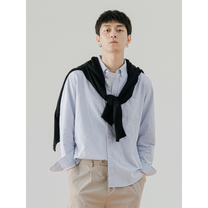 男士灰色細條紋長袖襯衫