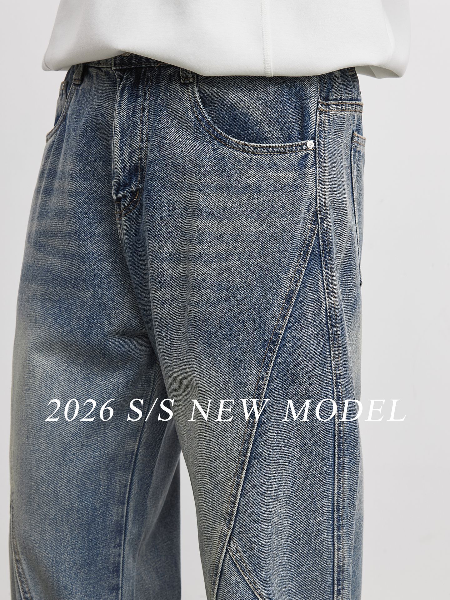 美式潮流復古水洗彎刀牛仔褲