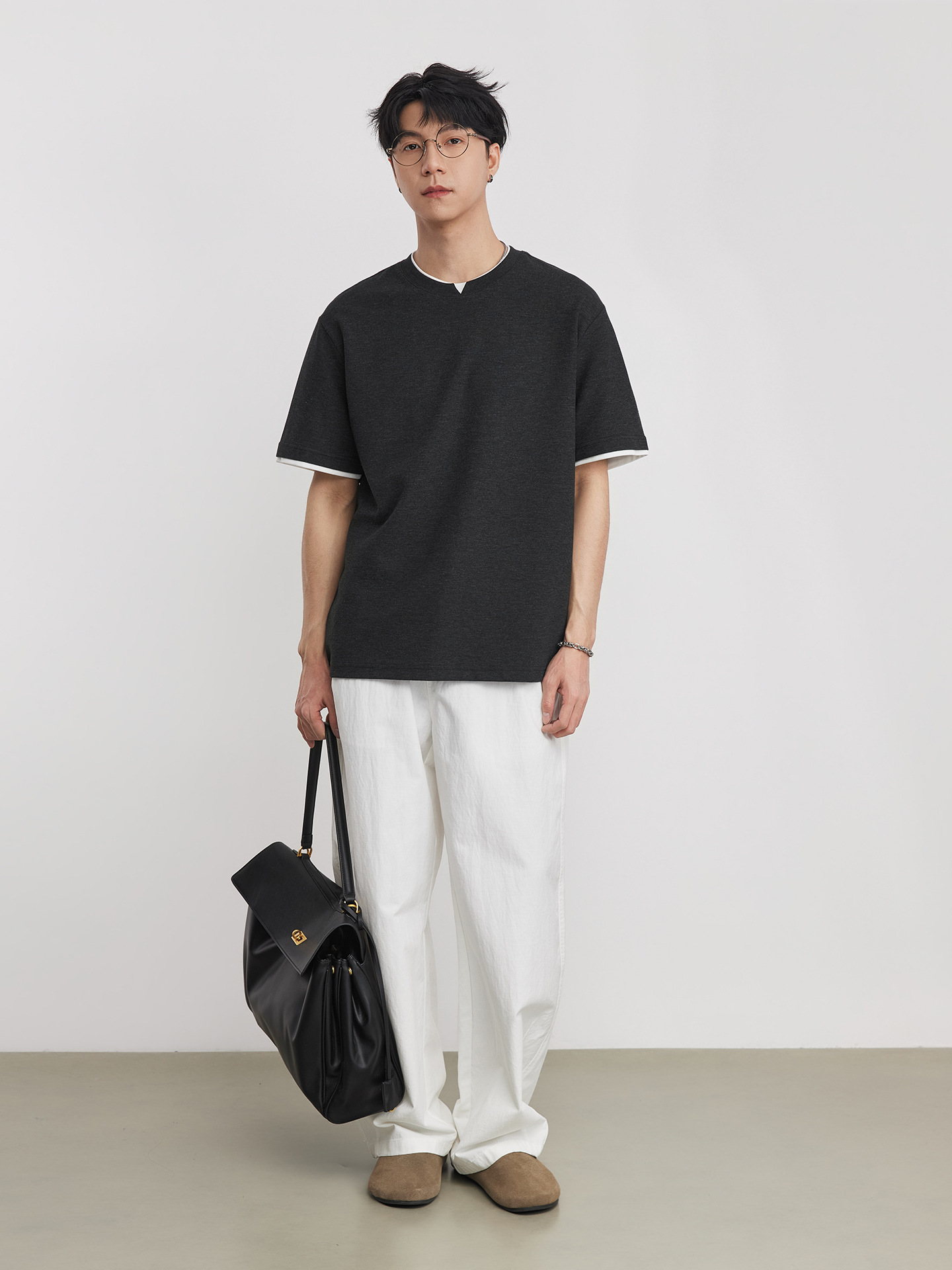 假兩件拼接撞色微闊圓領短袖T恤