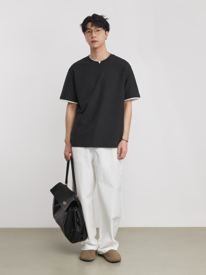 假兩件拼接撞色微闊圓領短袖T恤