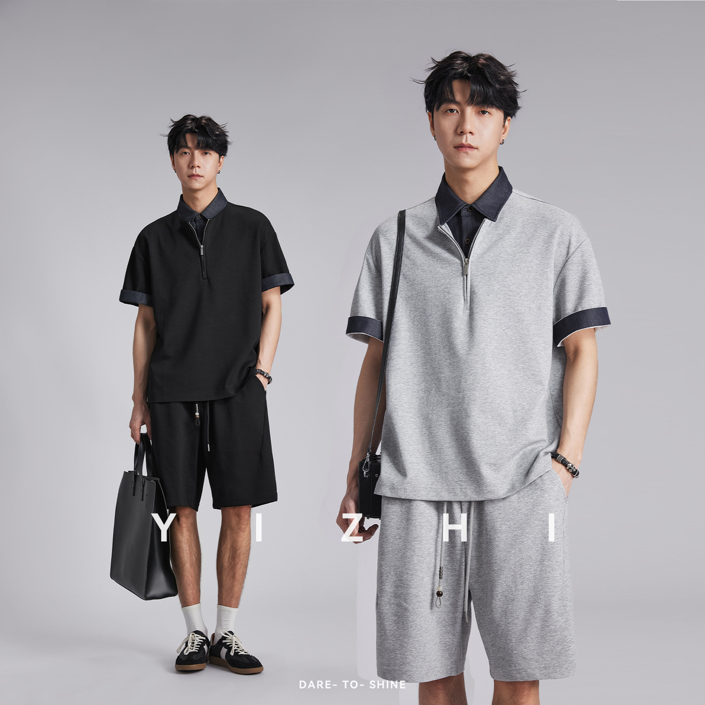 撞色翻領半拉鏈假兩件POLO衫套裝
