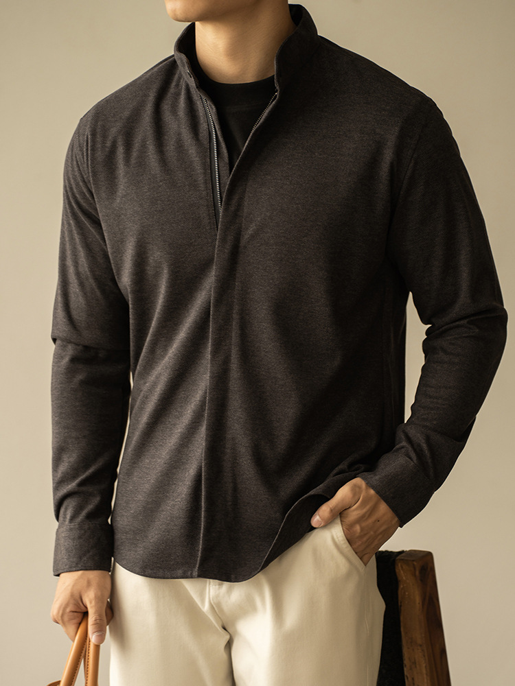 秋冬輕商務保暖毛呢拉鍊長袖襯衫