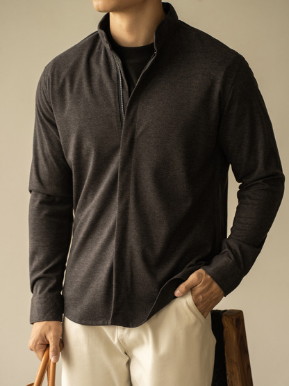 秋冬輕商務保暖毛呢拉鍊長袖襯衫