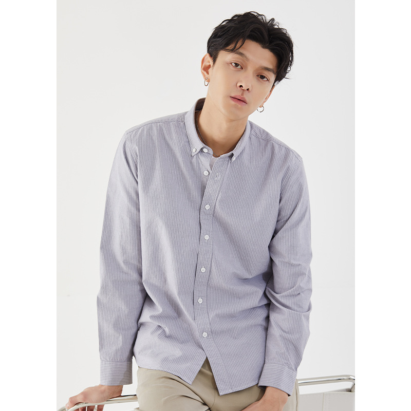 男裝條紋牛津紡長袖商務襯衫