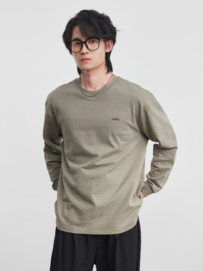 春季長袖肌理感條紋圓領打底衫