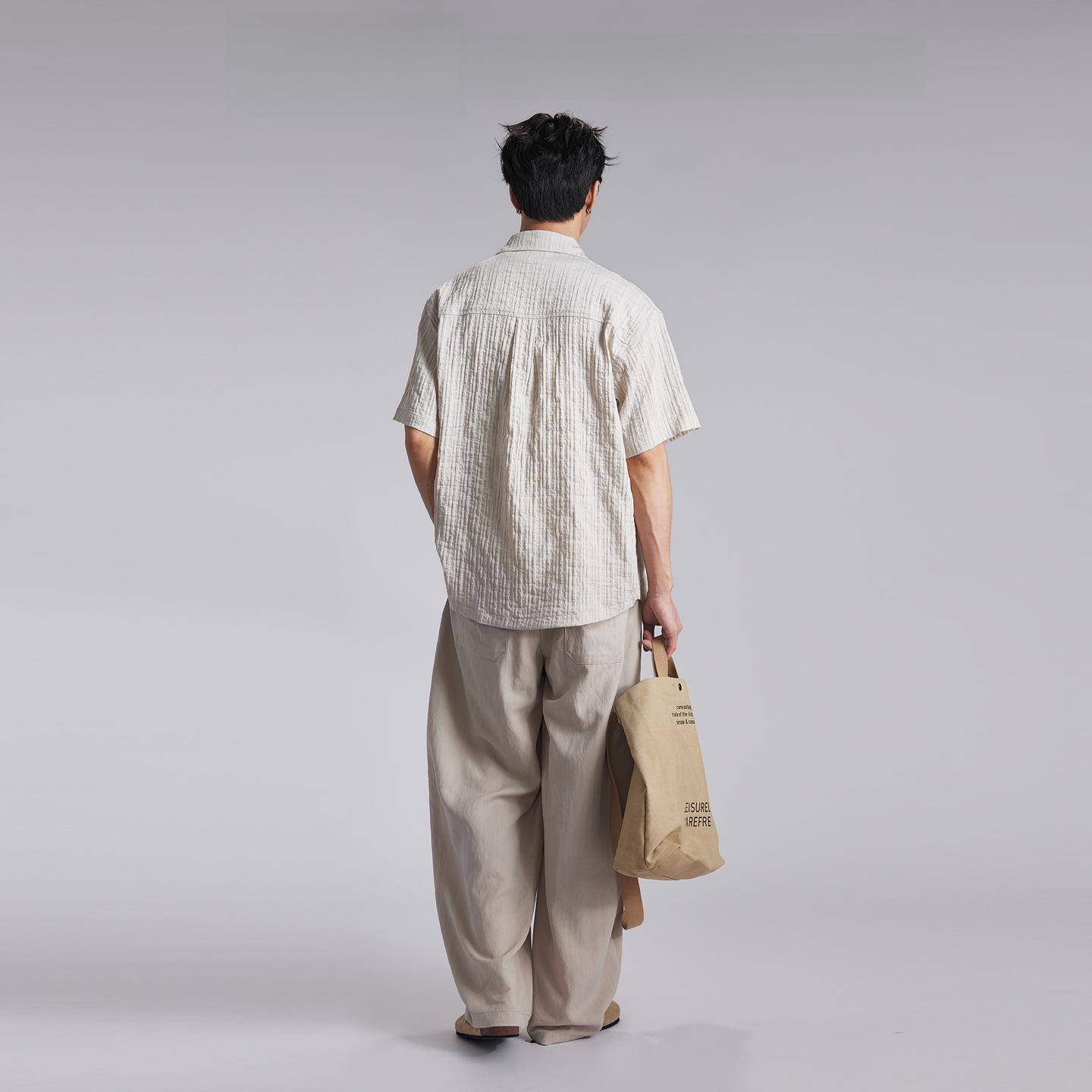 日系肌理條紋短袖襯衫工裝口袋