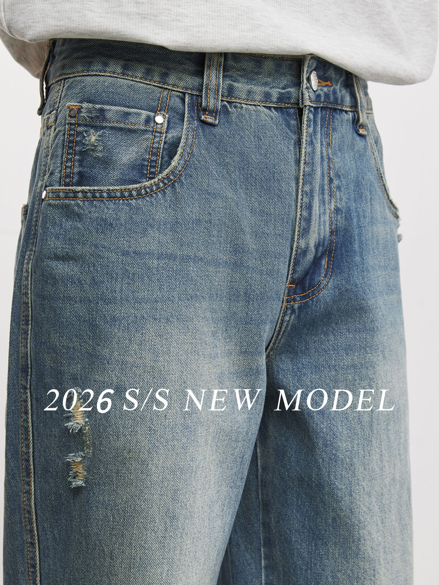 春秋款經典波浪紋水洗直筒牛仔褲