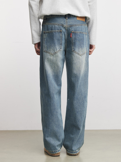 春秋款經典波浪紋水洗直筒牛仔褲