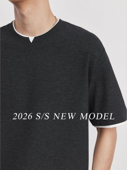 假兩件拼接撞色微闊圓領短袖T恤