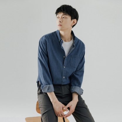 男士春秋韓版長袖牛仔襯衫