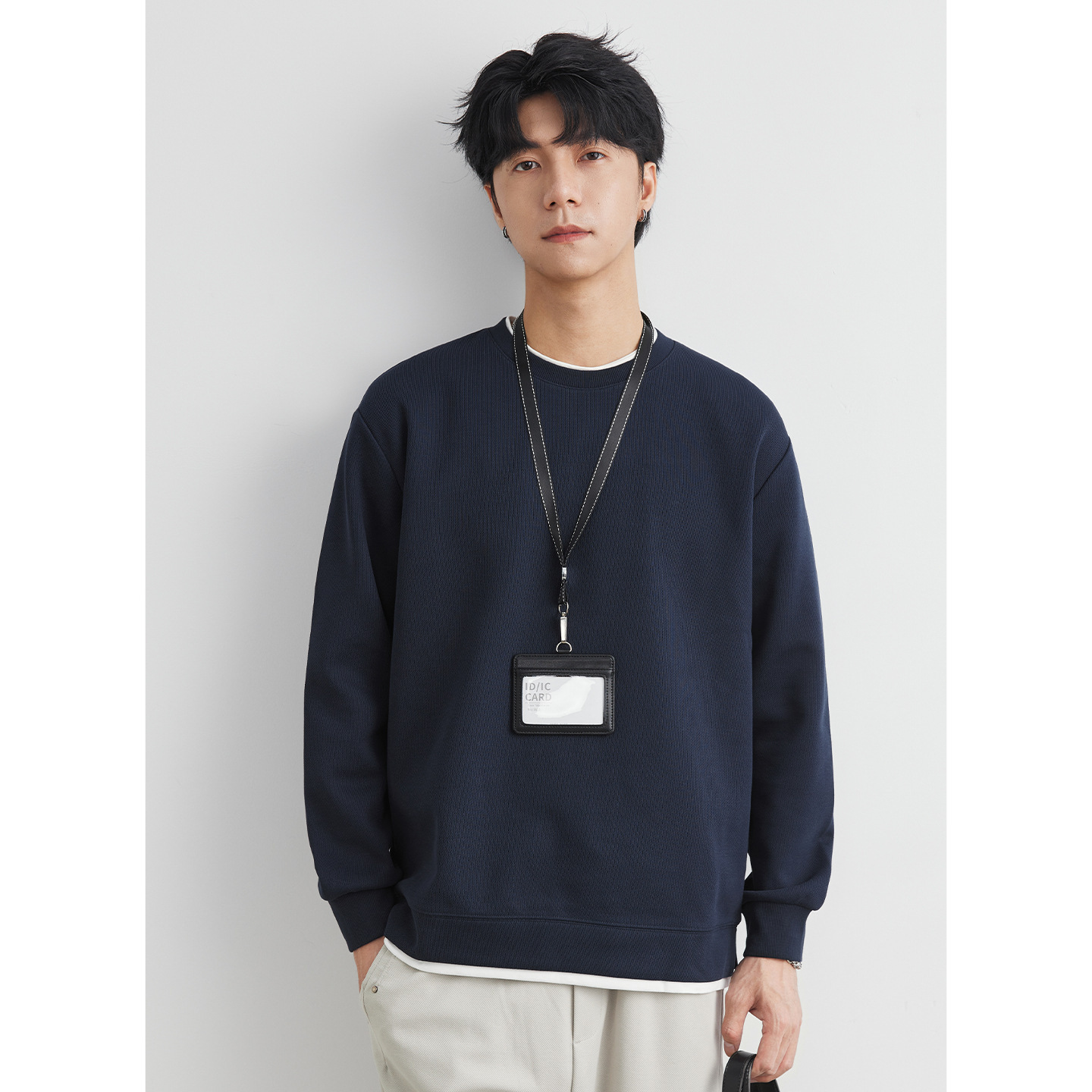 男士春秋310G重磅假兩件圓領衛衣