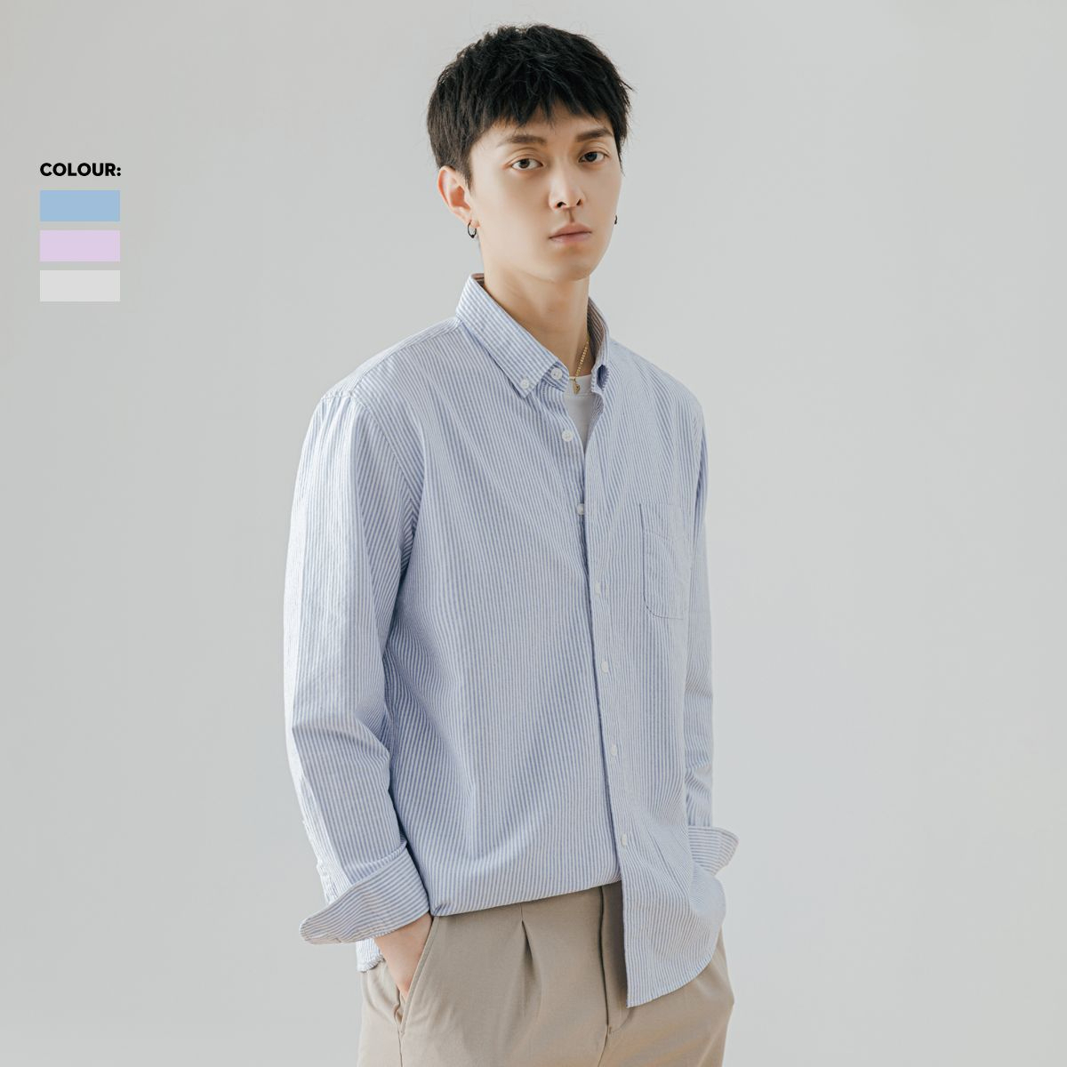 春秋季藍色細條紋長袖襯衫