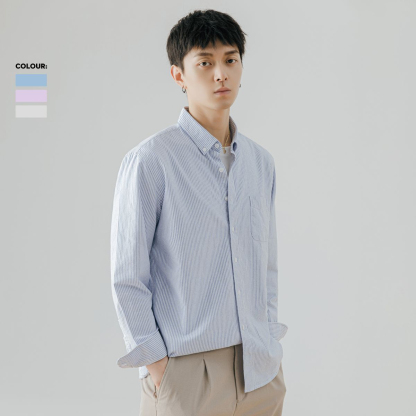 春秋季藍色細條紋長袖襯衫