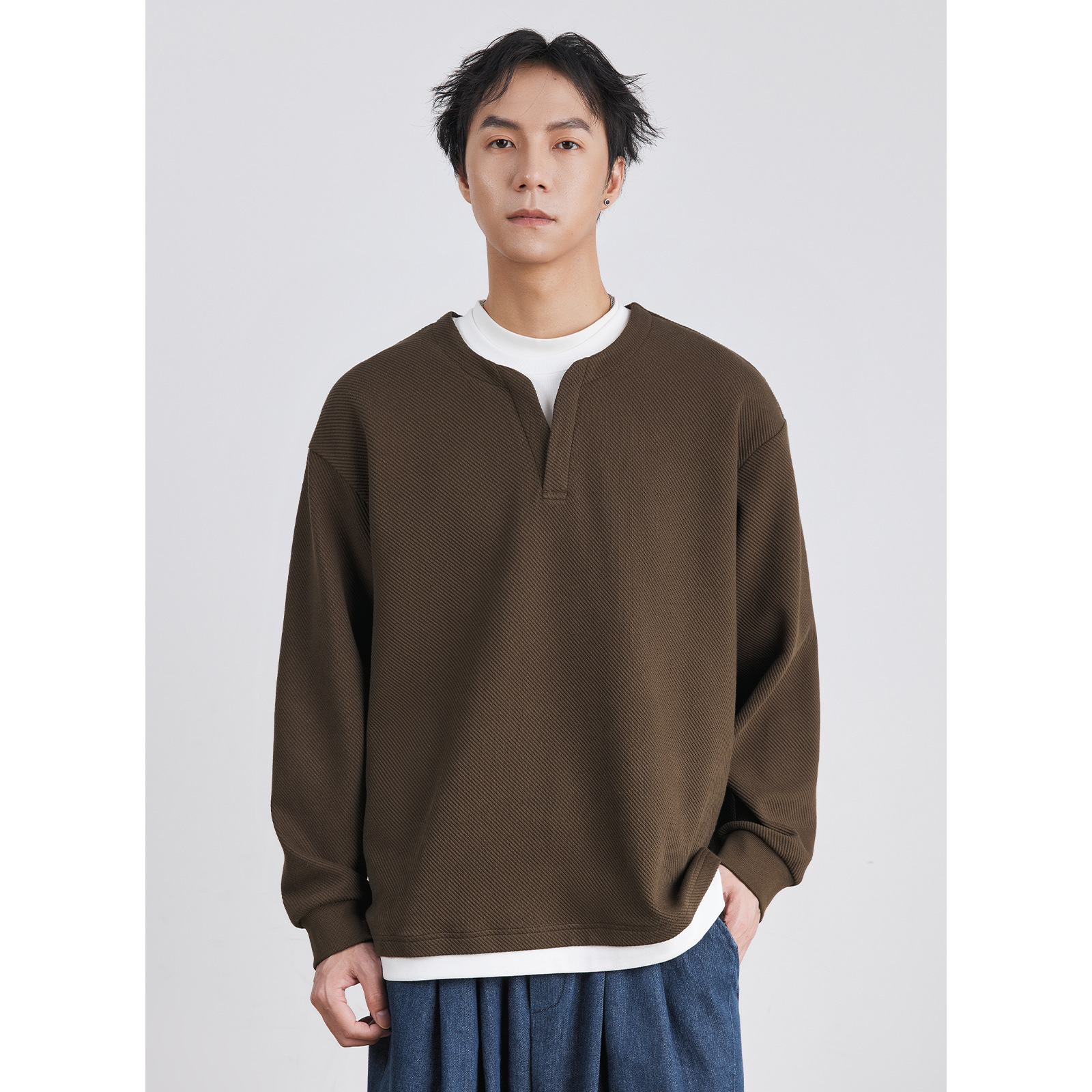 男士春秋肌理感假兩件衛衣