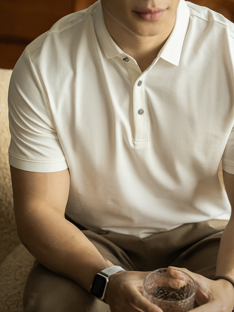 春夏純色雙珠地長絨棉商務翻領T恤