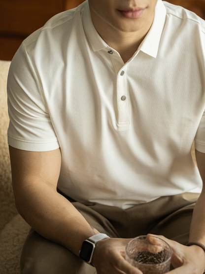 春夏純色雙珠地長絨棉商務翻領T恤