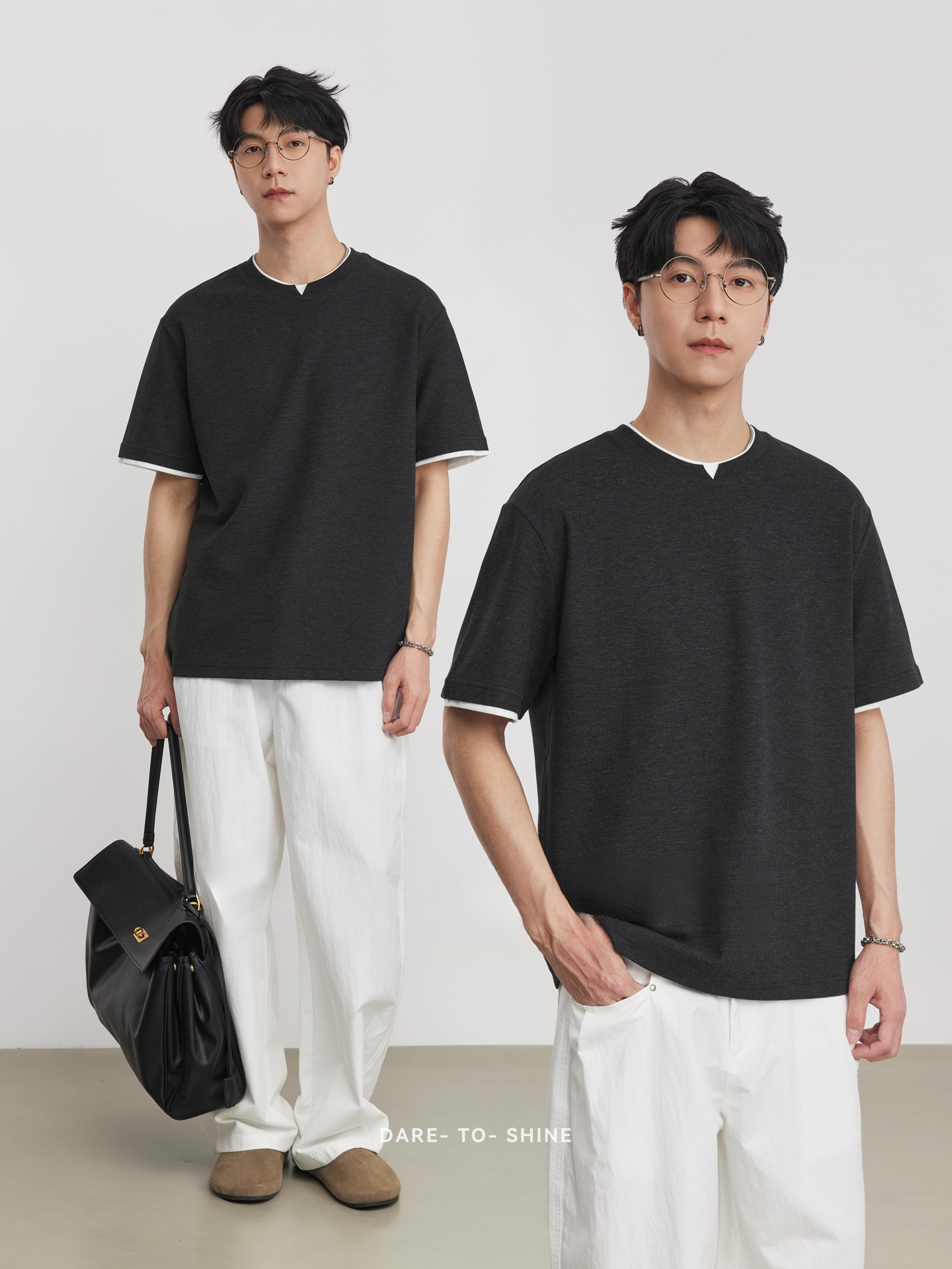 假兩件拼接撞色微闊圓領短袖T恤