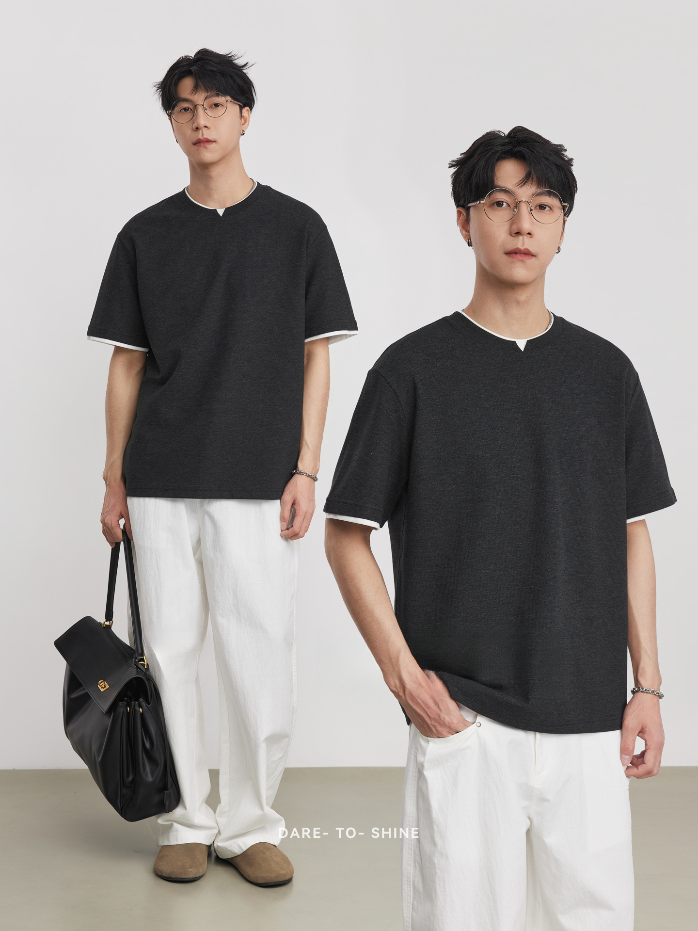 假兩件拼接撞色微闊圓領短袖T恤