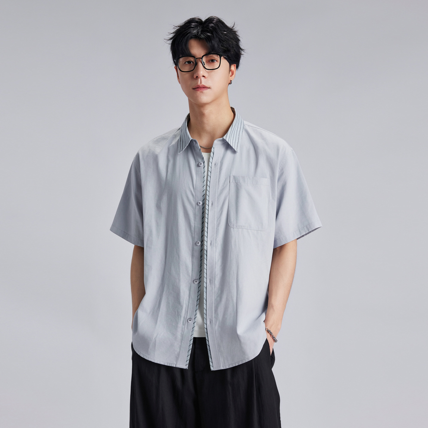 棉麻條紋撞色短袖T恤