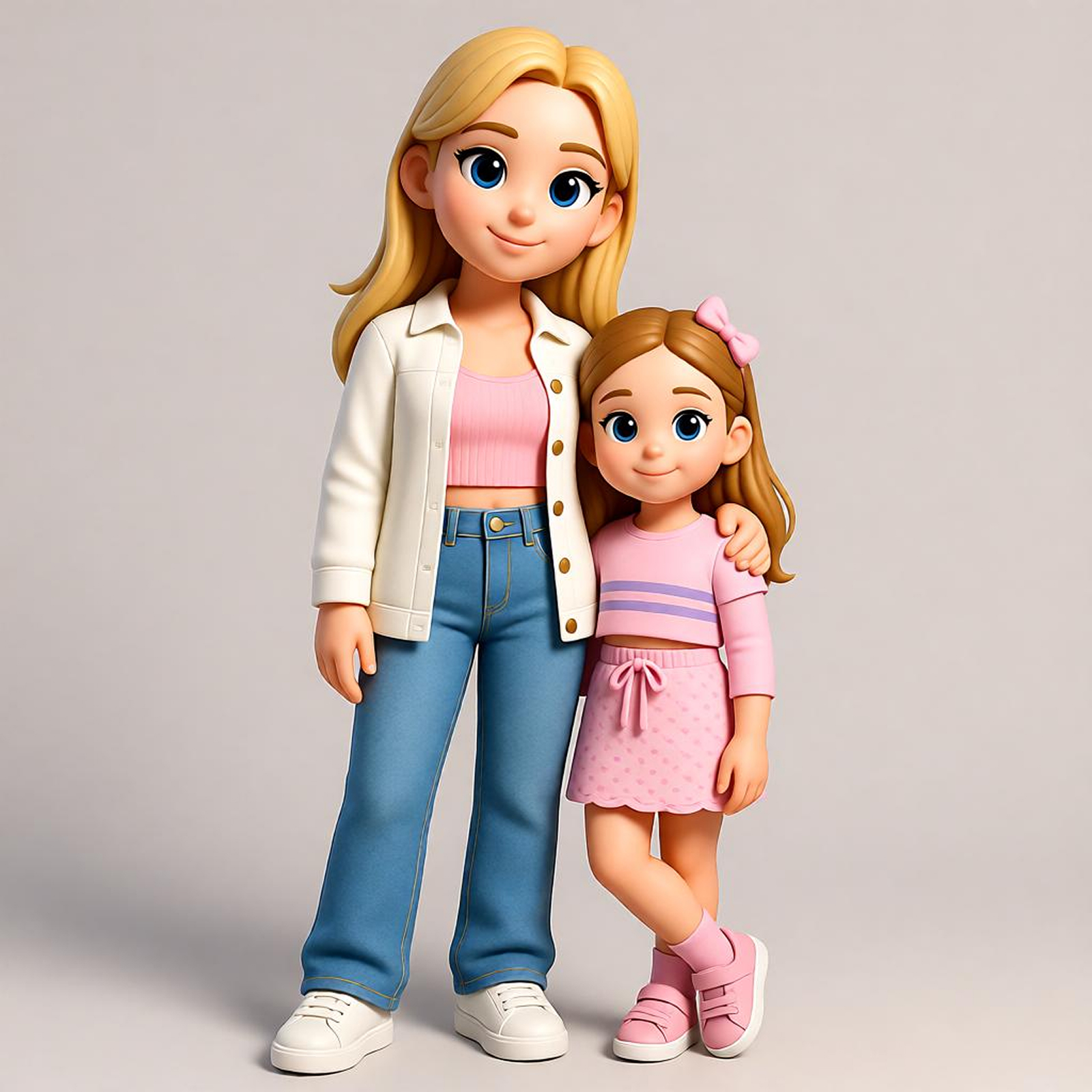 Modern Casual Parent-Child Chibi Figure Set, White Coat / Pink Outfit, Warm Collection Gift