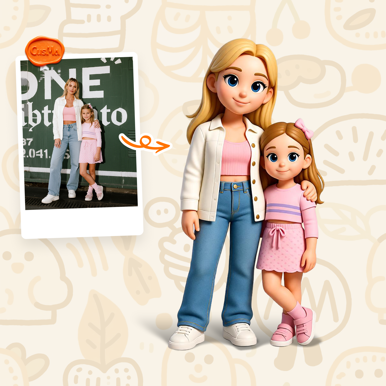 Modern Casual Parent-Child Chibi Figure Set, White Coat / Pink Outfit, Warm Collection Gift