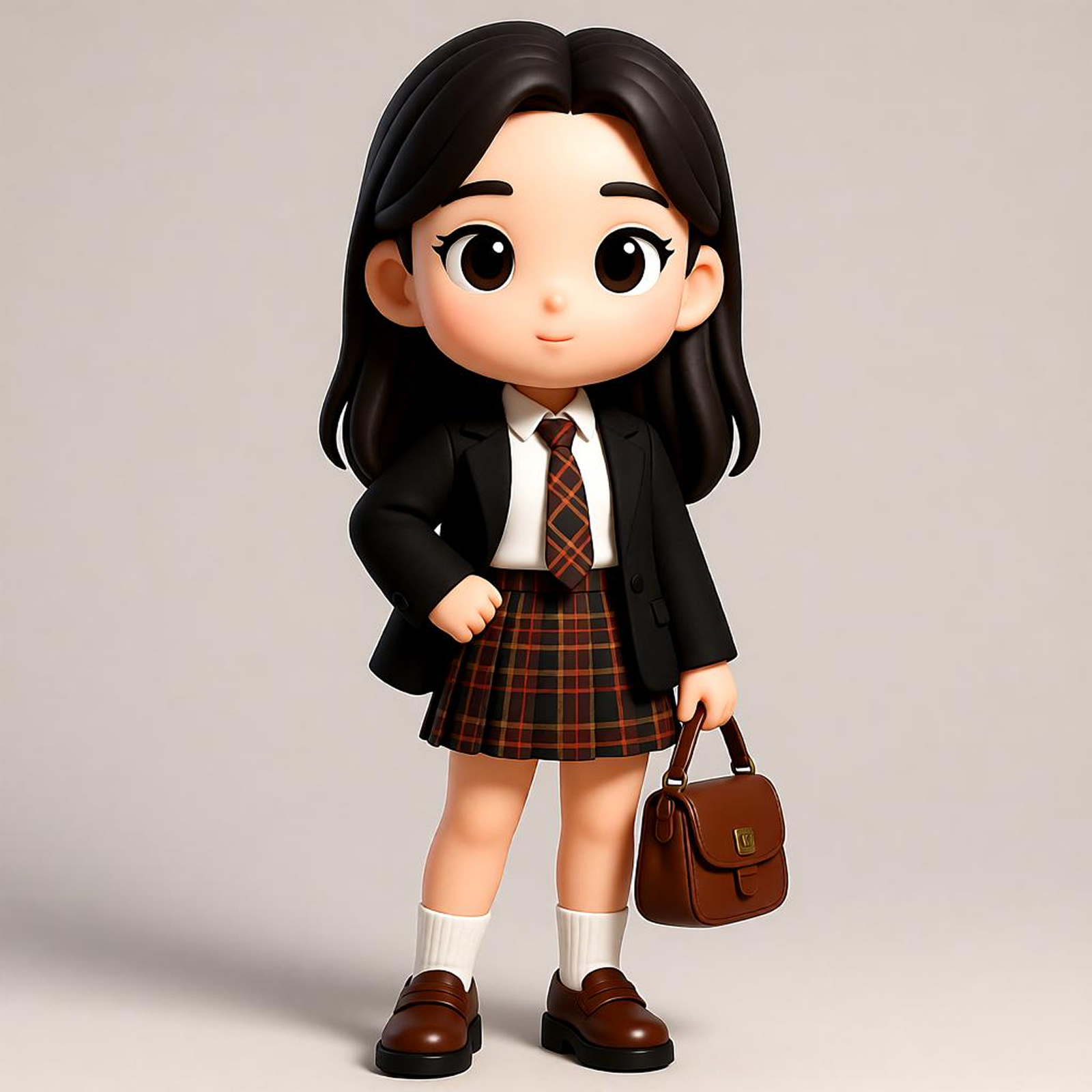 Custom 3D Figure Academy Style Chibi Girl Figure, Plaid Skirt Briefcase, Student Collection Gift