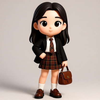 Custom 3D Figure Academy Style Chibi Girl Figure, Plaid Skirt Briefcase, Student Collection Gift