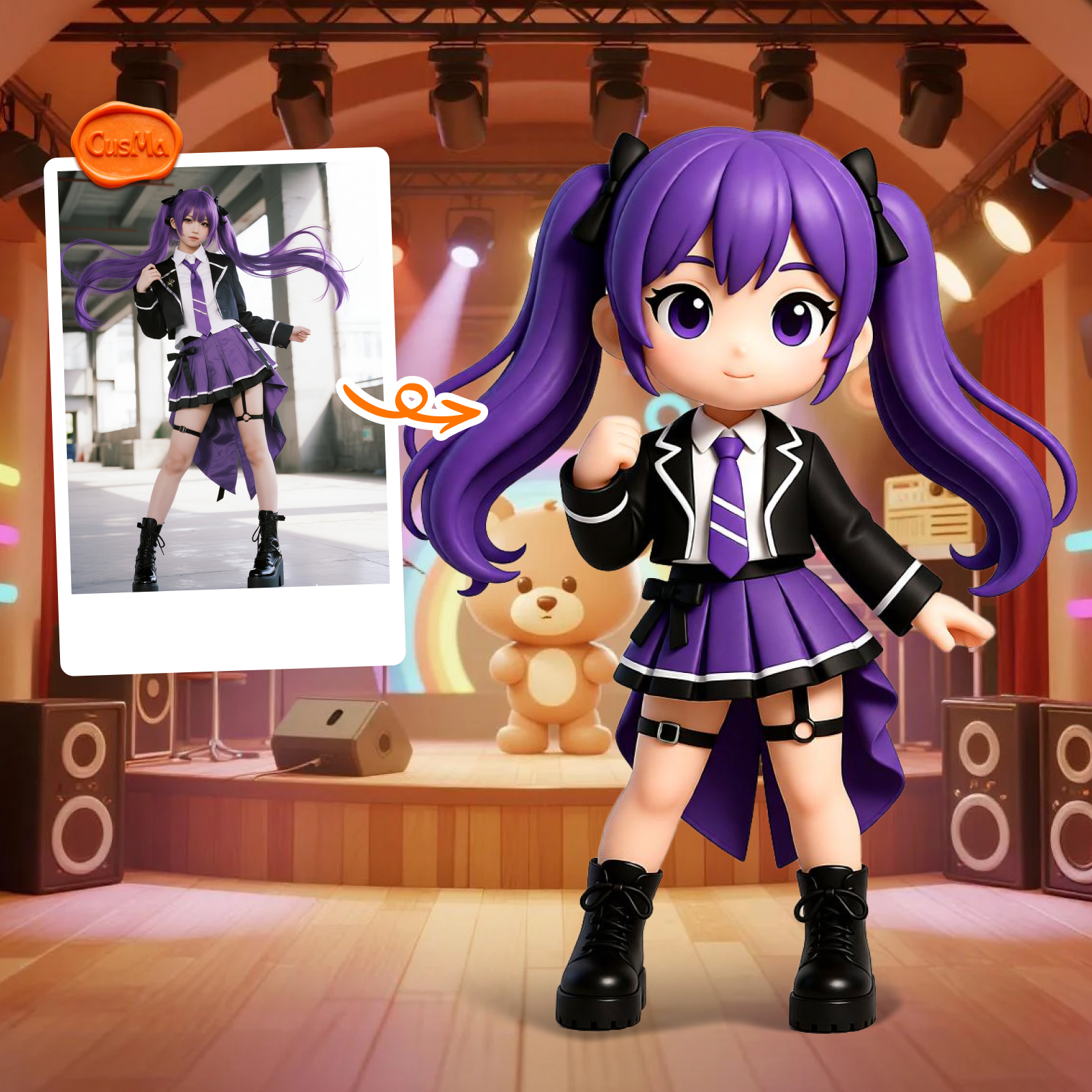 Custom 3D Figure Academy Style Chibi Girl Figure, Purple Hair Academy Skirt, Student Collection Gift