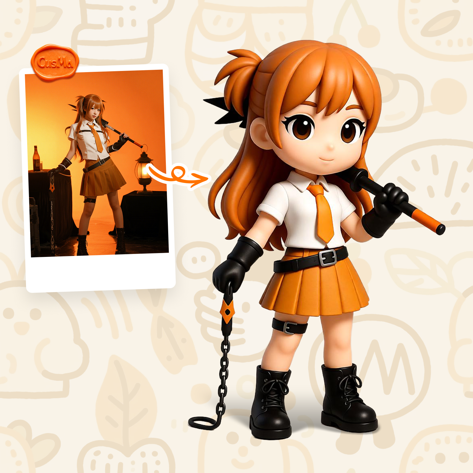 Campus Battle Girl Chibi Figure, Orange Skirt Baton, Anime Collection Gift
