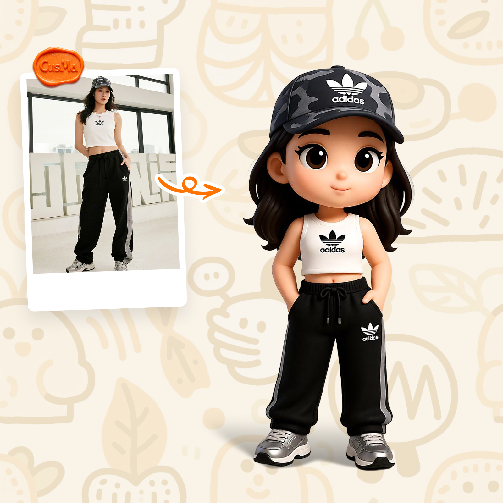 Cool Sport Style Chibi Figure, Camouflage Cap Sport Suit, Trendy Collection Gift