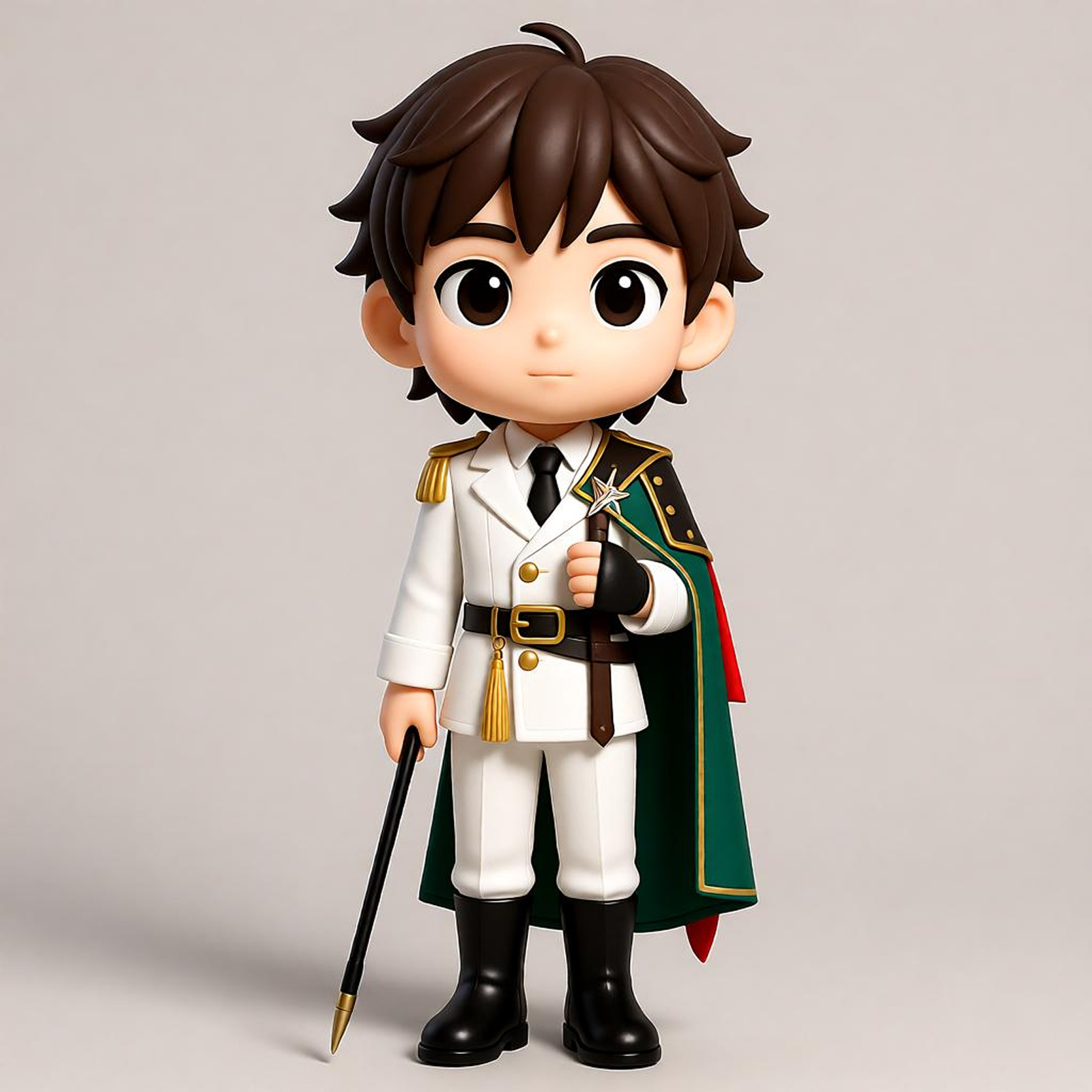 Chibi Noble Officer 3D Figure, White Uniform Green Cape Command Stick, Collection & Gift Toy