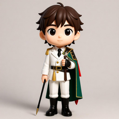 Chibi Noble Officer 3D Figure, White Uniform Green Cape Command Stick, Collection & Gift Toy