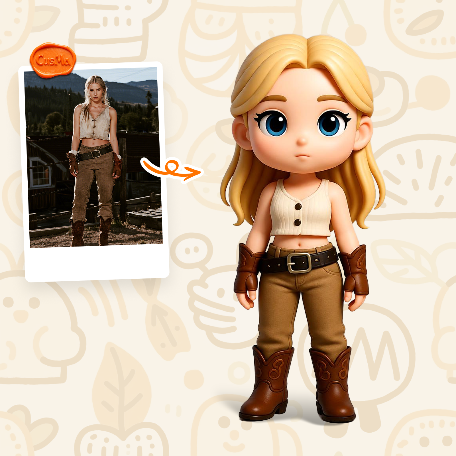 Western Cowboy Style Chibi Figure, White Vest Brown Boots, Trendy Collection Gift