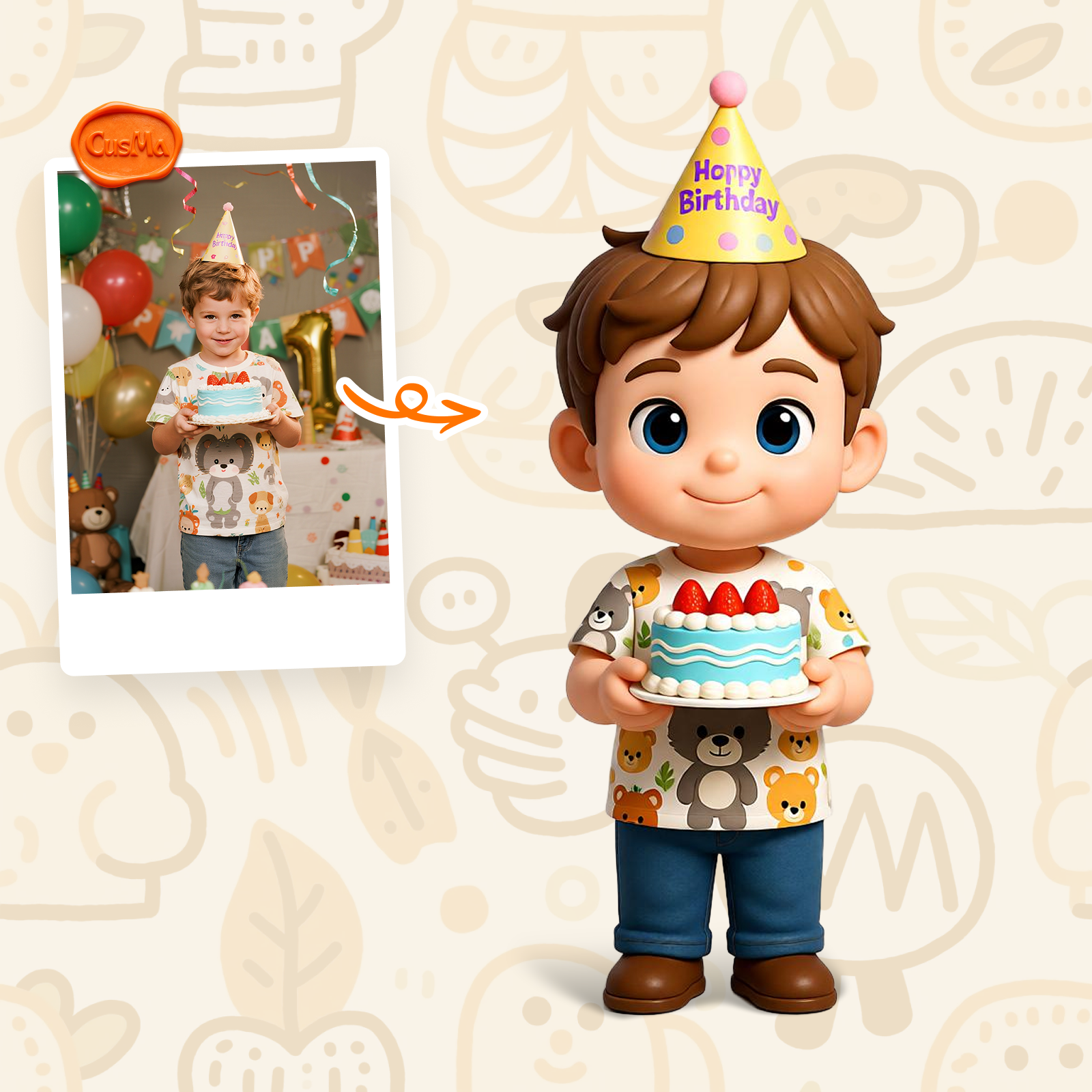 Custom 3D Figure Birthday Commemorative Chibi Boy Figure, Birthday Hat Cake, Kids Gift Toy